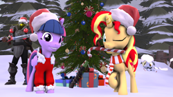 Size: 1920x1080 | Tagged: safe, artist:fd-daylight, character:derpy hooves, character:sunset shimmer, character:twilight sparkle, character:twilight sparkle (alicorn), species:alicorn, species:pony, 3d, candy, candy cane, christmas, christmas ornament, christmas tree, clothing, costume, decoration, food, hat, holiday, pine tree, present, santa costume, santa hat, snow, source filmmaker, tree