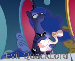 Size: 1336x1080 | Tagged: safe, artist:ponylover88, edit, edited screencap, screencap, character:princess luna, species:alicorn, species:bird, species:pony, episode:sparkle's seven, g4, my little pony: friendship is magic, animal, cropped, duo, ethereal mane, evil quacklord, female, galaxy mane, goose, lidded eyes, luna petting goose, mare, petting, quack, solo, throne