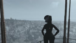 Size: 1360x768 | Tagged: safe, artist:defector, oc, oc:padi, species:anthro, 3d, anthro oc, fallout, fallout 4, female, hands on hip, milf, monochrome, solo, the ass was fat, wide hips