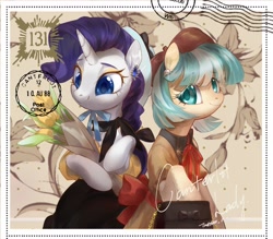 Size: 1904x1670 | Tagged: safe, artist:tingsan, character:coco pommel, character:rarity, species:earth pony, species:pony, species:unicorn, bouquet, bow, clothing, colored pupils, cute, dress, duo, duo female, ear piercing, earring, female, flower, hat, jewelry, looking at you, mare, piercing, postcard, purse