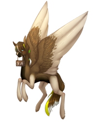 Size: 1550x2043 | Tagged: safe, artist:lastaimin, oc, oc:ipodrommos, species:pegasus, species:pony, male, mouth hold, sign, simple background, solo, stallion, transparent background, two toned wings