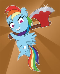 Size: 450x550 | Tagged: safe, artist:gor1ck, character:rainbow dash, species:pegasus, species:pony, episode:the beginning of the end, g4, my little pony: friendship is magic, axe, backwards cutie mark, female, pointy legs, solo, sunburst background, weapon
