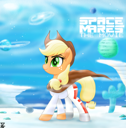 Size: 5600x5700 | Tagged: safe, artist:theretroart88, character:applejack, species:earth pony, species:pony, equestria daily, absurd resolution, april fools, april fools 2019, clothing, cowboy hat, female, freckles, hat, mare, movie, planet, space, space mares, stetson