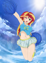 Size: 1134x1559 | Tagged: safe, artist:anonix123, character:sunset shimmer, species:human, adorasexy, armpits, belly button, breasts, busty sunset shimmer, cheerleader, clothing, cloud, cute, female, humanized, midriff, one eye closed, open mouth, pom pom, sexy, shoes, skirt, sky, socks, solo, wink