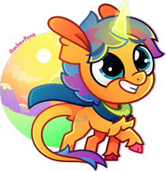 Size: 1354x1395 | Tagged: safe, artist:amberpone, oc, oc only, oc:quilling needle, species:pony, species:unicorn, big head, blue eyes, chest fluff, clothing, colorful, cute, digital art, eyes open, food, fullbody, glowing horn, happy, lighting, looking up, magic, male, one leg raised, orange, paint tool sai, request, scarf, shading, simple background, smiling, stallion, sun, transparent background