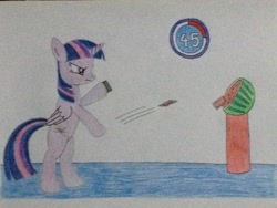 Size: 3264x2448 | Tagged: safe, artist:don2602, character:twilight sparkle, character:twilight sparkle (alicorn), species:alicorn, species:pony, bipedal, card, female, food, minute to win it, serious, serious face, solo, timer, traditional art, watermelon
