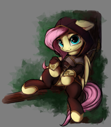 Size: 1069x1224 | Tagged: safe, artist:hitbass, part of a set, character:fluttershy, species:pegasus, species:pony, badass, badass adorable, bow (weapon), cat smile, clothing, cute, fantasy class, female, flutterbadass, hood, hooded cape, leaning, leaning back, looking at you, mare, part of a series, ranger, shyabetes, sitting, solo, three quarter view, tree, tree branch, weapon, wings, zettai ryouiki