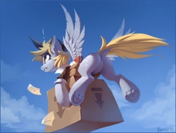 Size: 1608x1220 | Tagged: safe, artist:ramiras, character:derpy hooves, species:pegasus, species:pony, episode:the point of no return, g4, my little pony: friendship is magic, bubble butt, carrying, cloud, dock, featureless crotch, female, flying, frog (hoof), hoofbutt, mailmare, mare, package, plot, profile, rear view, scene interpretation, signature, solo, spread wings, underhoof, wings