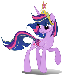 Size: 2016x2360 | Tagged: safe, artist:doraair, artist:origamialcubo, base used, character:twilight sparkle, character:twilight sparkle (alicorn), species:alicorn, species:pony, beautiful, big crown thingy, blushing, colored wings, crown, female, future, jewelry, mare, multicolored wings, obtrusive watermark, older, older twilight, raised hoof, regalia, simple background, solo, transparent background, ultimate twilight, watermark, wings