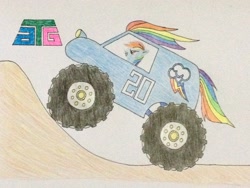 Size: 3264x2448 | Tagged: safe, artist:don2602, character:rainbow dash, species:pegasus, species:pony, newbie artist training grounds, female, incline, monster truck, monster truck pony, smiling, smirk, solo, traditional art