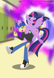 Size: 1100x1592 | Tagged: safe, artist:bbbhuey, character:flash sentry, character:twilight sparkle, character:twilight sparkle (alicorn), species:alicorn, species:pony, ship:flashlight, g4, my little pony: equestria girls, my little pony:equestria girls, canterlot high, converse, female, human flash sentry x pony twilight, interspecies, male, portal, shipping, shoes, straight