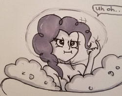 Size: 1024x805 | Tagged: safe, artist:zalla661, character:pinkie pie, my little pony:equestria girls, bath, bathtub, breasts, bubble, bubble on head, cleavage, female, monochrome, nudity, solo, traditional art