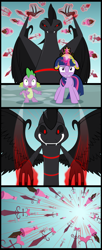 Size: 1024x2522 | Tagged: safe, artist:culu-bluebeaver, character:spike, character:twilight sparkle, character:twilight sparkle (unicorn), oc, oc:plague, species:dragon, species:pony, species:unicorn, comic:the six-winged serpent, big crown thingy, claws, comic, element of magic, fangs, female, grimdark series, grotesque series, jewelry, levitation, magic, male, mare, regalia, shocked, smiling, telekinesis, wide eyes, wings