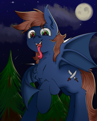 Size: 800x1000 | Tagged: safe, artist:luriel maelstrom, oc, oc only, oc:warly, species:bat pony, species:pony, bat pony oc, chest fluff, fangs, forest, glowing eyes, long tongue, looking at you, male, moon, night, open mouth, pine tree, solo, spread wings, stallion, stars, tongue out, tree, wings