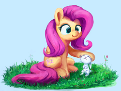 Size: 3275x2480 | Tagged: safe, artist:aemantaslim, character:angel bunny, character:fluttershy, species:pegasus, species:pony, species:rabbit, blue background, duo, female, folded wings, grass, looking at something, looking down, mare, outdoors, petting, simple background, sitting, smiling, wings