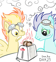 Size: 446x500 | Tagged: safe, artist:don-ko, character:soarin', character:spitfire, crying, fire, goggles, toast, toaster