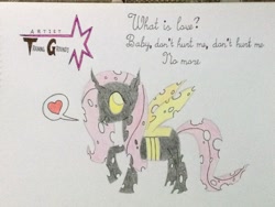 Size: 3264x2448 | Tagged: safe, artist:don2602, character:fluttershy, species:changeling, newbie artist training grounds, changelingified, cute, female, flutterling, haddaway, heart, solo, song reference, species swap, traditional art, what is love, yellow changeling