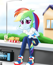 Size: 4800x5900 | Tagged: safe, artist:theretroart88, character:rainbow dash, g4, my little pony: equestria girls, my little pony:equestria girls, absurd resolution, boombox, clothing, converse, cup, cute, dashabetes, drink, female, food, french fries, looking at you, pants, sandwich, shoes, sitting, smiling, sneakers, solo, straw, streetlight, tray