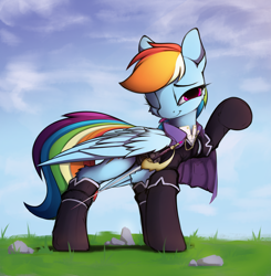 Size: 2000x2040 | Tagged: safe, artist:hitbass, part of a set, character:rainbow dash, species:pegasus, species:pony, cape, clothing, fantasy class, female, looking at you, mare, one eye closed, pocket, rapier, solo, sword, weapon, wink
