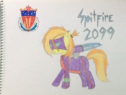 Size: 3264x2448 | Tagged: safe, artist:don2602, character:spitfire, species:pony, newbie artist training grounds, alternate mane style, clothing, female, futuristic self, goggles, jetpack, jumpsuit, ponytail, serious, serious face, solo, torn ear, traditional art, watch