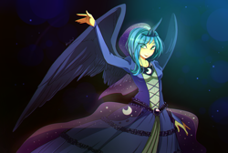 Size: 1400x943 | Tagged: safe, artist:skyeypony, character:princess luna, species:human, clothing, dress, female, horned humanization, humanized, smiling, solo, winged humanization, wings
