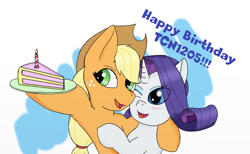 Size: 1300x800 | Tagged: safe, artist:eulicious, character:applejack, character:rarity, species:earth pony, species:pony, species:unicorn, ship:rarijack, birthday cake, birthday gift art, blushing, cake, cute, female, food, gift art, happy birthday, jackabetes, lesbian, raribetes, shipping, simple background