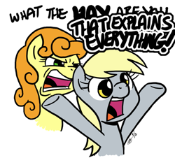 Size: 523x472 | Tagged: safe, artist:zicygomar, character:carrot top, character:derpy hooves, character:golden harvest, species:earth pony, species:pegasus, species:pony, cropped, duo, girlchan in paradise, interrupted, reaction image, simple background, this explains everything, white background