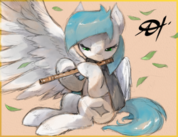 Size: 2475x1914 | Tagged: safe, artist:alts-art, oc, oc only, oc:cynosura, species:pegasus, species:pony, bamboo, clothing, colored sketch, female, flute, leaves, lidded eyes, looking down, mare, musical instrument, orange background, playing instrument, scarf, signature, simple background, sitting, sketch, solo, spread wings, unshorn fetlocks, watercolor painting, wings
