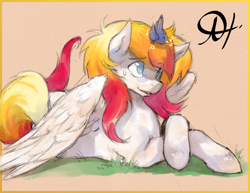 Size: 2475x1914 | Tagged: safe, artist:alts-art, oc, oc only, oc:hotfix, species:bird, species:pegasus, species:pony, colored sketch, crossed hooves, ear fluff, gradient hair, grass, looking at each other, looking up, lying down, male, music notes, orange background, signature, simple background, sketch, solo, stallion, sweat, sweatdrop, watercolor painting, wing fluff, wings