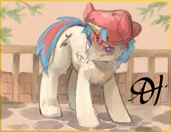 Size: 2475x1914 | Tagged: safe, artist:alts-art, oc, oc only, oc:iuth, species:pony, species:unicorn, backwards ballcap, baseball cap, brick wall, cap, clothing, cobblestone street, colored sketch, crouching, hat, horn, leaves, looking at you, male, music notes, orange background, railing, signature, simple background, singing, sketch, solo, stallion, watercolor painting