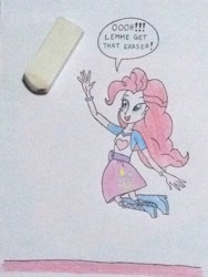Size: 2448x3264 | Tagged: safe, artist:don2602, character:pinkie pie, species:human, my little pony:equestria girls, boots, clothing, comic, cute, eraser, female, fourth wall break, jumping, reaching out, shoes, skirt, solo, traditional art