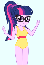 Size: 1372x2004 | Tagged: safe, artist:draymanor57, derpibooru original, character:twilight sparkle, character:twilight sparkle (scitwi), species:eqg human, my little pony:equestria girls, clothing, female, glasses, one-piece swimsuit, ponytail, simple background, solo, swimsuit