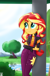 Size: 3700x5600 | Tagged: safe, artist:theretroart88, character:sunset shimmer, episode:festival filters, g4, my little pony: equestria girls, my little pony:equestria girls, spoiler:eqg series (season 2), absurd resolution, clothing, crossed arms, cute, cutie mark on clothes, female, pants, sexy, smiling, solo