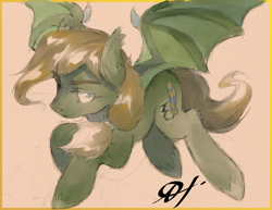 Size: 2475x1914 | Tagged: safe, artist:alts-art, oc, oc only, oc:shaded rest, species:bat pony, species:pony, bat pony oc, bat wings, colored sketch, lidded eyes, looking at you, male, orange background, ponytail, signature, simple background, sketch, smiling, smirk, solo, spread wings, stallion, unshorn fetlocks, watercolor painting, wing claws, wings