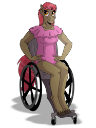 Size: 2048x2732 | Tagged: safe, artist:percy-mcmurphy, oc, oc only, oc:çidra rosa (jemvi), species:anthro, species:earth pony, species:pony, species:unguligrade anthro, clothing, colored, colored hooves, one-piece swimsuit, paraplegic, paraplegic mare, pink mane, swimsuit, wheelchair
