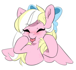 Size: 2428x2217 | Tagged: safe, artist:sugarstar, oc, oc only, oc:bay breeze, species:pegasus, species:pony, blep, blushing, bow, cute, eyes closed, female, hair bow, mare, mlem, silly, simple background, sketch, solo, tongue out, white background