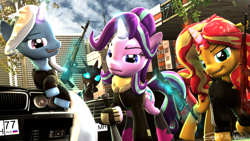Size: 3840x2160 | Tagged: safe, artist:calveen, artist:whiteskyline, character:starlight glimmer, character:sunset shimmer, character:trixie, species:changeling, species:pony, species:unicorn, 3d, ak-47, ak-74, assault rifle, bmw, bmw 7-series, bmw e38, car, counterparts, glowing horn, gun, horn, levitation, looking at you, magic, mercedes-benz, mercedes-benz s-class, mercedes-benz w140, rifle, sky, source filmmaker, telekinesis, twilight's counterparts, weapon