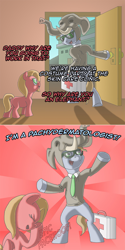 Size: 800x1602 | Tagged: safe, artist:crispokefan, oc, oc:cordovan, oc:pun, species:pony, ask pun, animal costume, ask, bipedal, clothing, costume, elephant costume, facehoof, father and daughter, female, filly, glasses, male, pun