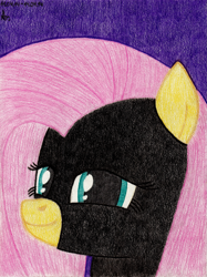 Size: 2429x3254 | Tagged: safe, artist:aracage, character:fluttershy, species:pony, clothing, costume, female, mask, shadowbolts, shadowbolts costume, solo