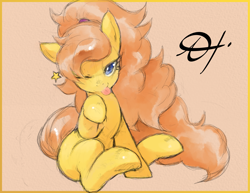 Size: 2475x1914 | Tagged: safe, artist:alts-art, oc, oc only, unnamed oc, species:earth pony, species:pony, bedroom eyes, colored sketch, cute, female, long hair, long mane, long tail, looking at you, mare, one eye closed, orange background, playful, ponytail, pose, signature, simple background, sitting, sketch, solo, stars, tongue out, watercolor painting, wink