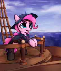 Size: 1802x2082 | Tagged: safe, artist:hitbass, part of a set, character:pinkie pie, species:earth pony, species:pony, bipedal, bipedal leaning, boots, cheek fluff, clothing, cute, diapinkes, fantasy class, feather, female, hat, hoof boots, leaning, mare, ocean, open mouth, pirate, pirate outfit, pirate pinkie pie, pirate ship, shoes, sketch, solo