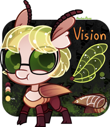 Size: 895x1036 | Tagged: safe, artist:amberpone, oc, oc only, oc:vision, oc:vision revision, ponysona, species:pony, antennae, beetle, big head, eyebrows, female, fullbody, glasses, green, green eyes, lighting, lineart, mare, no tail, reference sheet, shading, short hair, simple background, standing, transparent background, wings