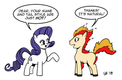 Size: 900x594 | Tagged: safe, artist:cartoon-eric, character:rarity, species:pony, crossover, dialogue, female, fire, mane of fire, pokémon, ponified, ponyta, pun, speech bubble, tail of fire