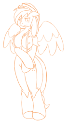 Size: 550x975 | Tagged: safe, artist:allrights, oc, oc only, oc:solar spark, species:anthro, anthro oc, arm hooves, breasts, clothing, hat, monochrome, sketch, spread wings, vest, wings