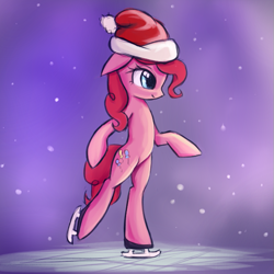 Size: 621x621 | Tagged: safe, artist:fajeh, character:pinkie pie, species:pony, bipedal, clothing, female, hat, ice skates, ice skating, palindrome get, santa hat, snow, snowfall, solo