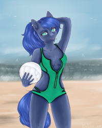 Size: 1200x1500 | Tagged: safe, artist:evlass, character:princess luna, species:alicorn, species:anthro, species:earth pony, species:pony, armpits, breasts, cleavage, female, missing horn, solo, summer, wingless, wingless anthro, ych example, your character here