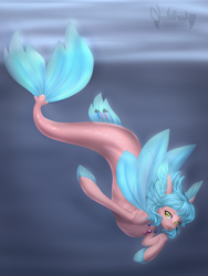 Size: 2902x3850 | Tagged: safe, artist:noodlefreak88, oc, oc only, oc:cyclone stormchaser, species:seapony (g4), female, fin wings, fins, fish tail, high res, looking at you, seashell necklace, solo, swimming, underwater, water, watermark, wings, yellow eyes