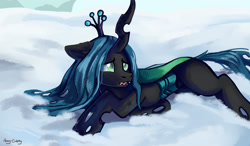 Size: 3000x1746 | Tagged: safe, artist:amy-gamy, character:queen chrysalis, species:changeling, episode:frenemies, g4, my little pony: friendship is magic, changeling queen, drained, female, open mouth, prone, scene interpretation, scuff mark, signature, snow, solo