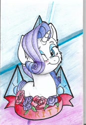 Size: 858x1240 | Tagged: safe, artist:maximus, character:rarity, species:pony, species:unicorn, cutie mark, drawing, female, flower, looking at you, rose, solo, traditional art