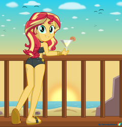 Size: 5000x5206 | Tagged: safe, artist:keronianniroro, character:sunset shimmer, g4, my little pony: equestria girls, my little pony:equestria girls, absurd resolution, ass, beach, bikini, bikini bottom, bunset shimmer, butt, clothing, cocktail, cocktail glass, feet, female, flip-flops, looking at you, looking back, looking back at you, ocean, sand, sandals, sexy, signature, solo, stupid sexy sunset shimmer, summer sunset, sunset, sunsex shimmer, swimsuit